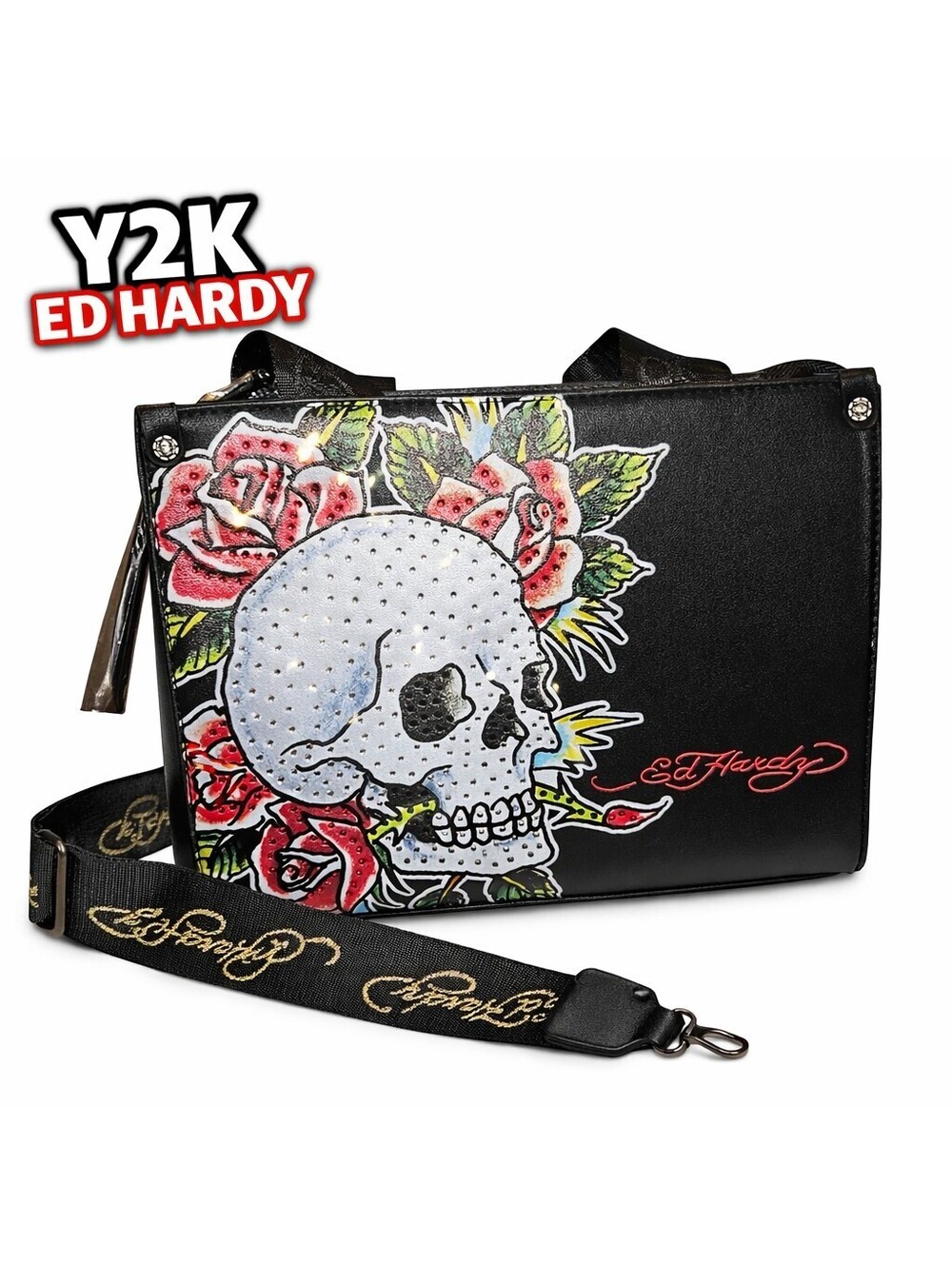 Ed Hardy Skull Roses Mini Tote Bag Black Y2K Tattoo Rhinestone Punk Goth Purse